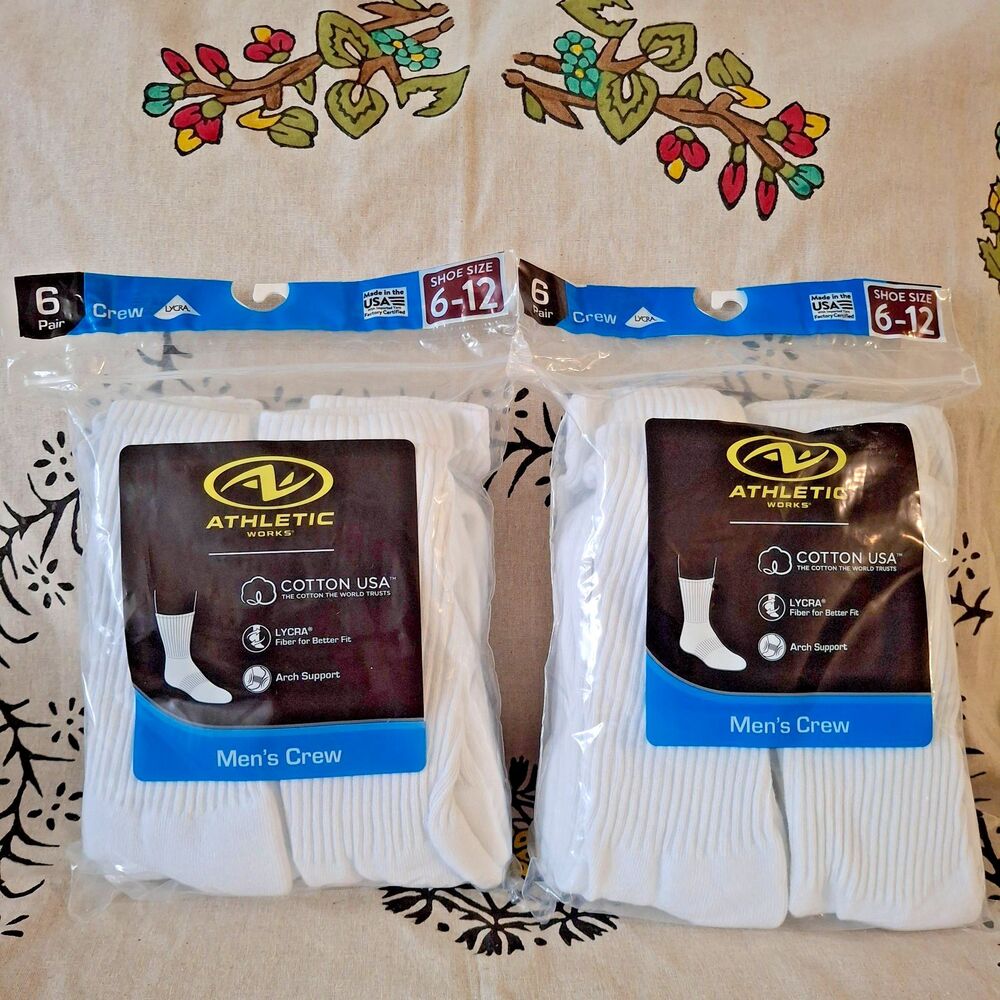 lot of 2  Athletic Works Men’s Crew Socks 6-Pack | Shoe Size 6–12 | 77% Cotton